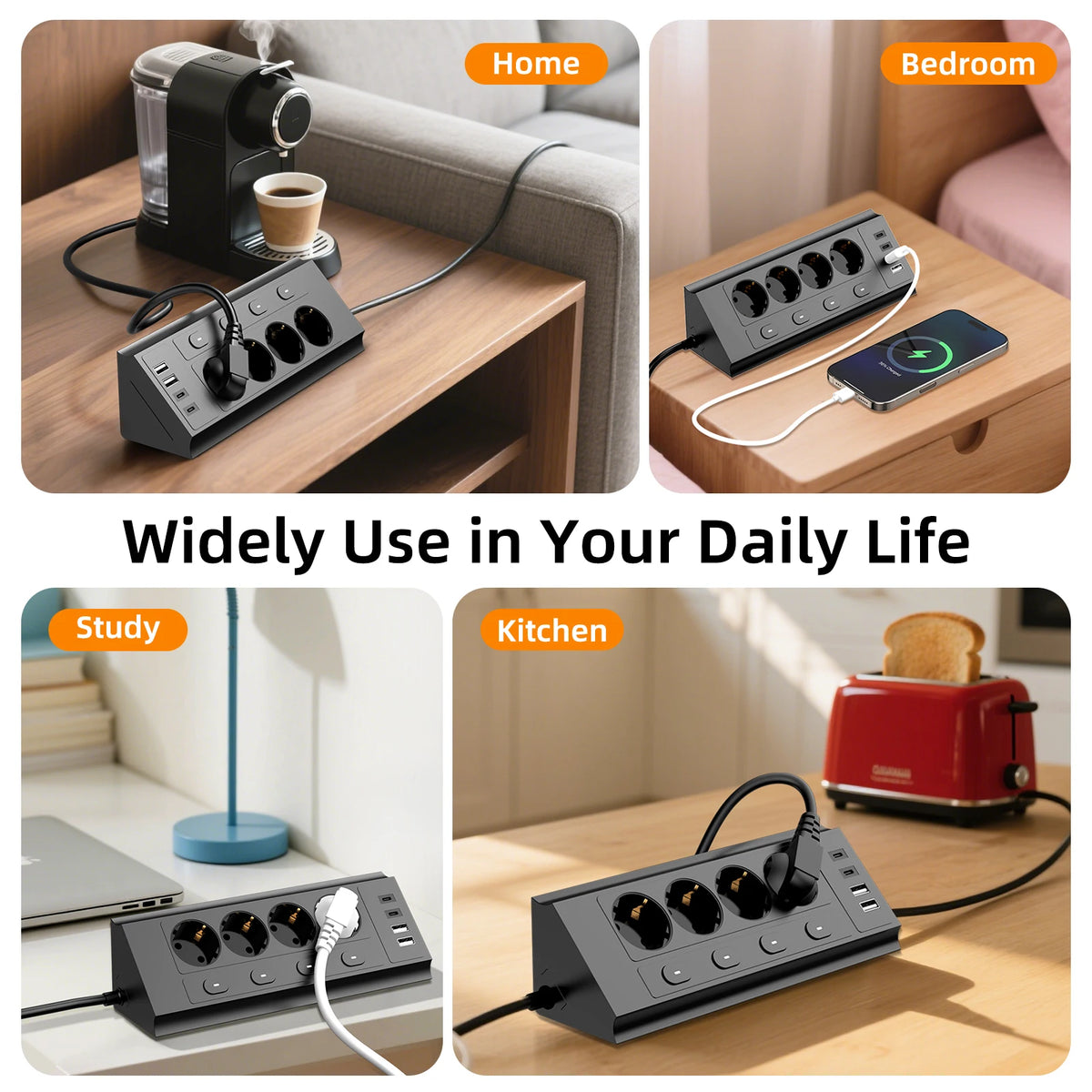 EU Desktop Corner Power Strip with Individual Switches & Extension Cord