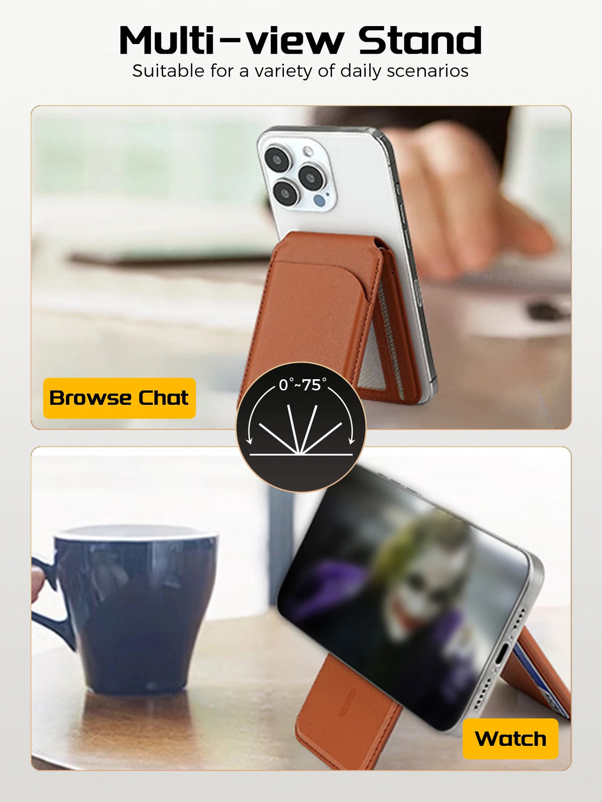 Magnetic Leather Wallet Card Holder with Adjustable Stand & RFID Blocking for MagSafe