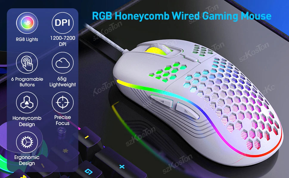 Honeycomb Wired RGB Gaming Mouse – 7200 DPI Ergonomic Design