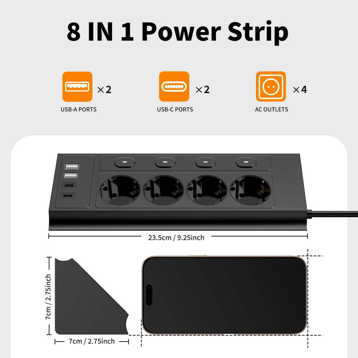 EU Desktop Corner Power Strip with Individual Switches & Extension Cord