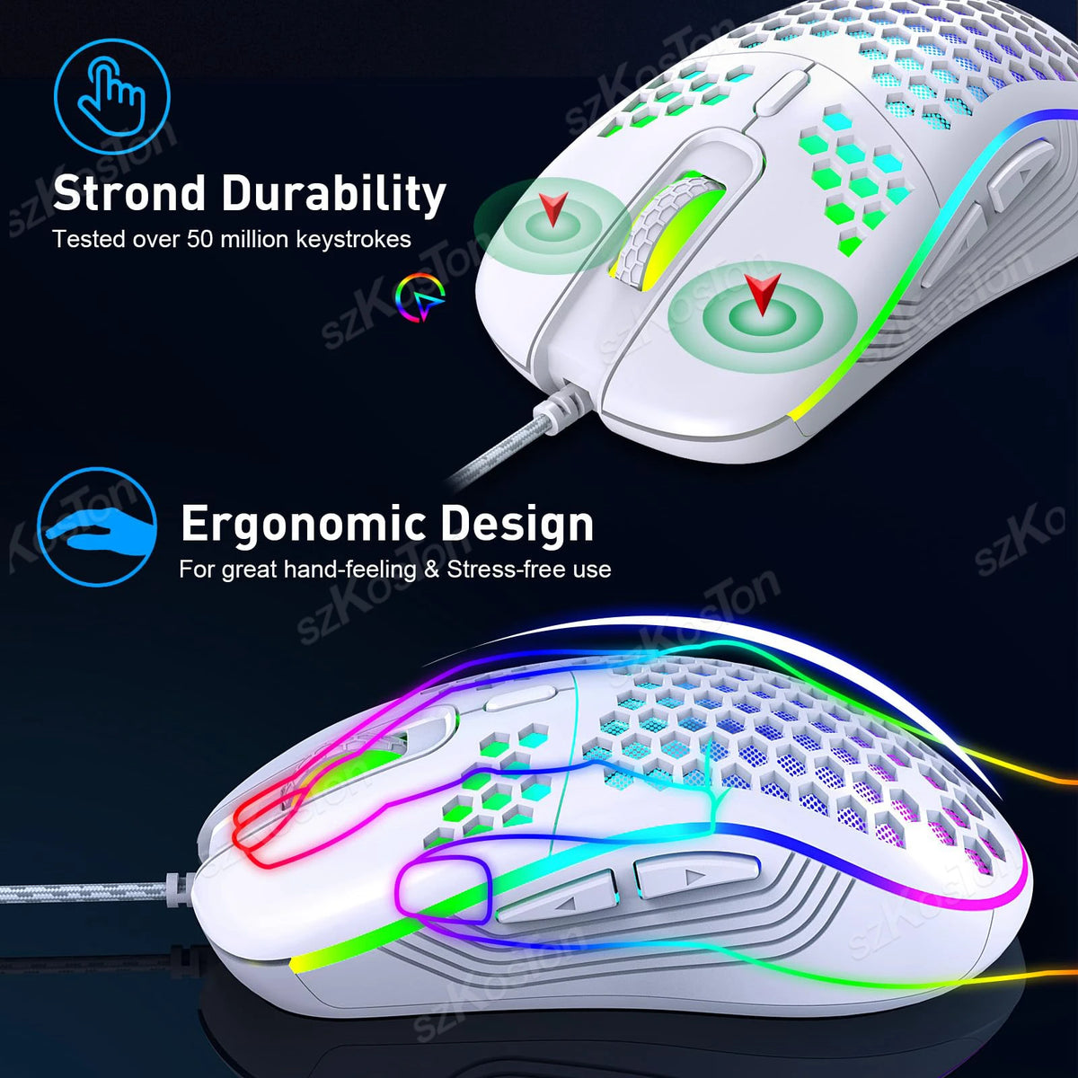 Honeycomb Wired RGB Gaming Mouse – 7200 DPI Ergonomic Design