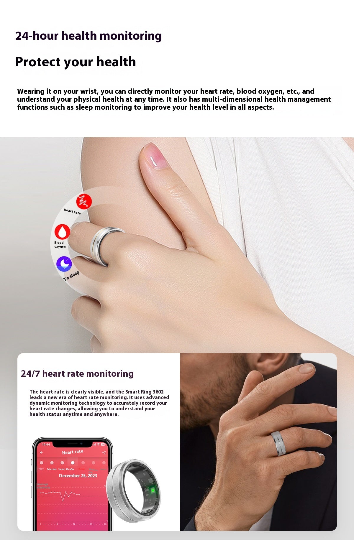 Smart Ring For Men & Women Heart Rate Blood Oxygen Monitoring Multi Sports Modes IP68 Waterproof Smart Rings