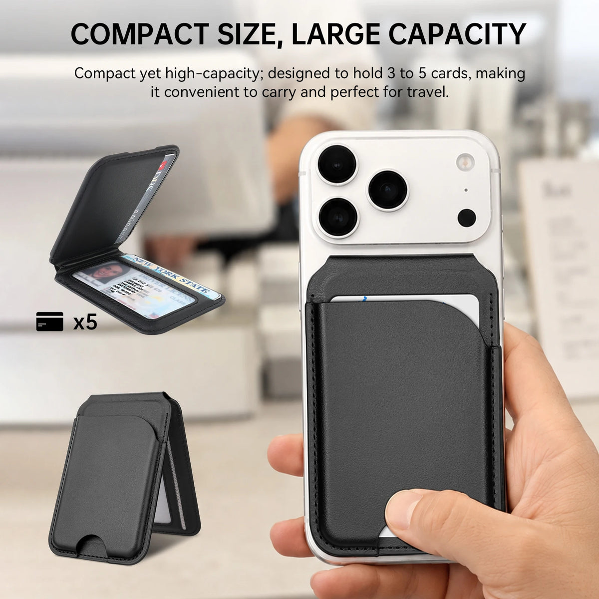 Magnetic Leather Wallet Card Holder with Adjustable Stand & RFID Blocking for MagSafe