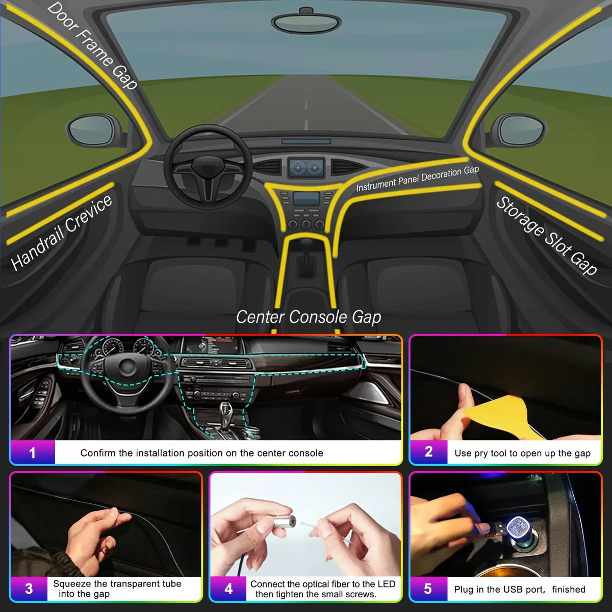 RGB Fiber Optic Car Interior Ambient Lighting Kit – App & Remote Control