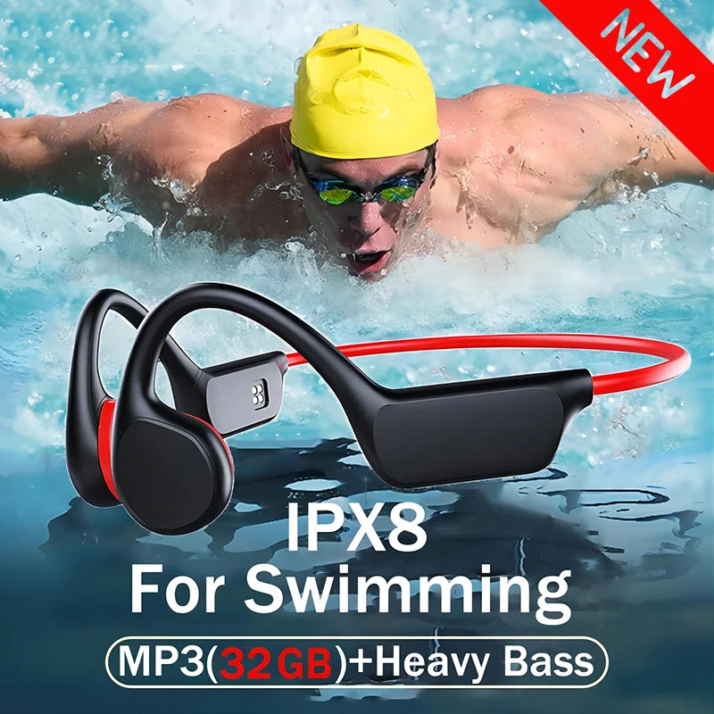 IPX8 Waterproof Bone Conduction Swimming Headphones with Bluetooth 5.3 & 32GB MP3