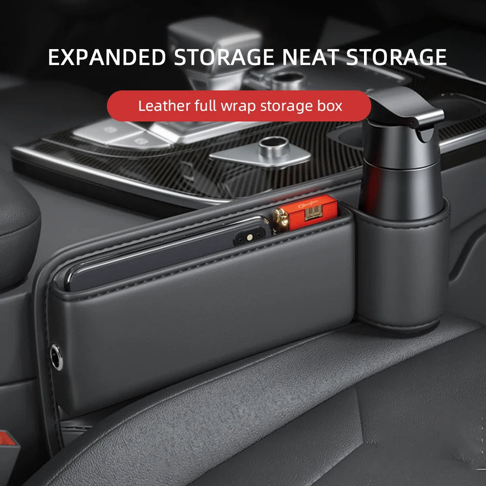 Universal Leather Car Seat Gap Organizer with Cup Holder