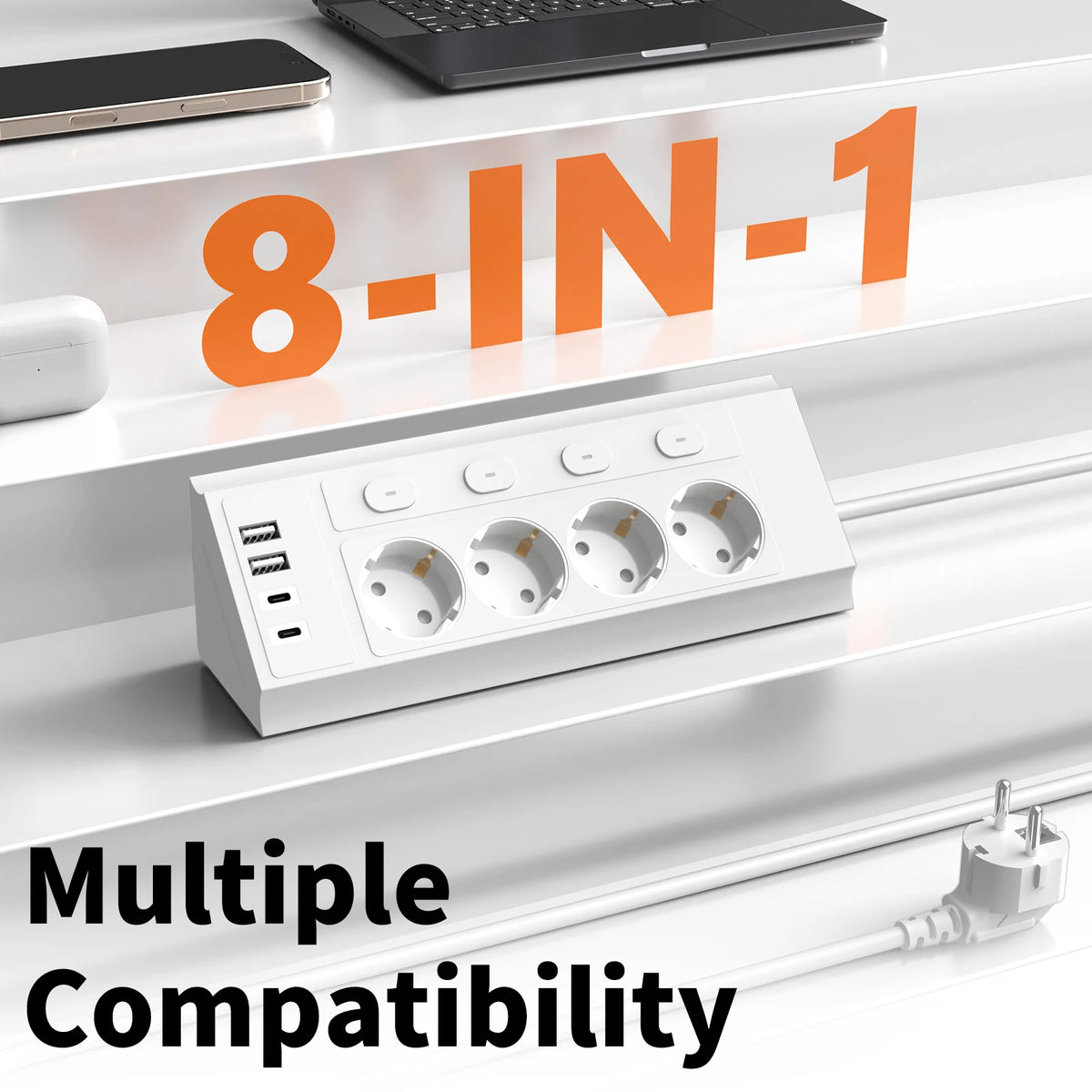 EU Desktop Corner Power Strip with Individual Switches & Extension Cord