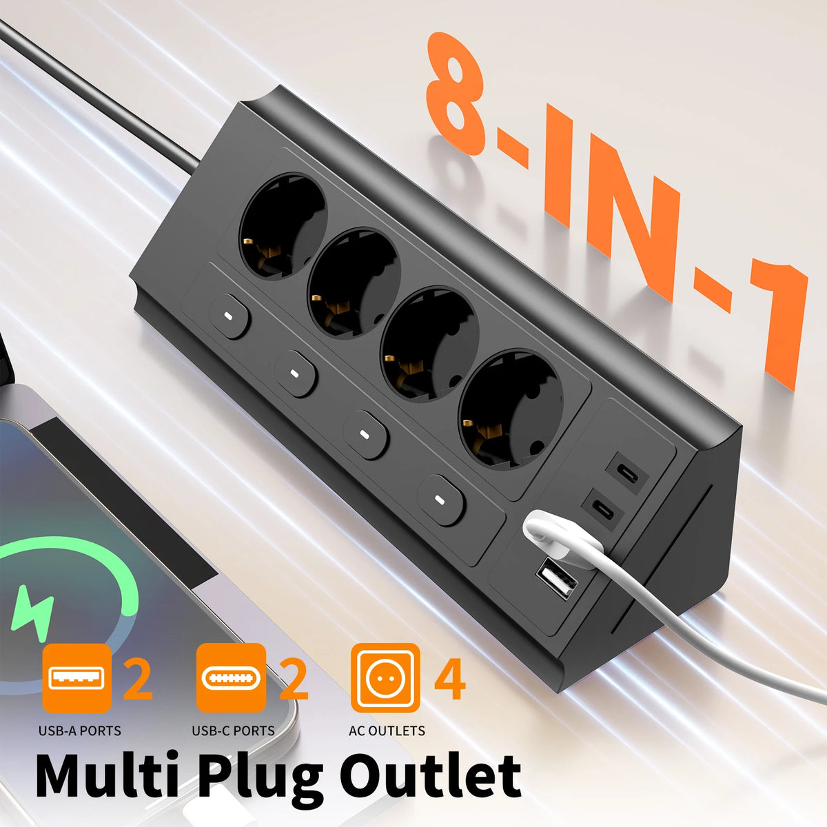 EU Desktop Corner Power Strip with Individual Switches & Extension Cord