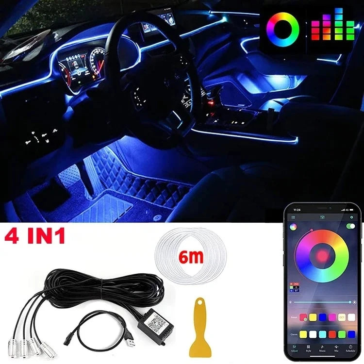 RGB Fiber Optic Car Interior Ambient Lighting Kit – App & Remote Control