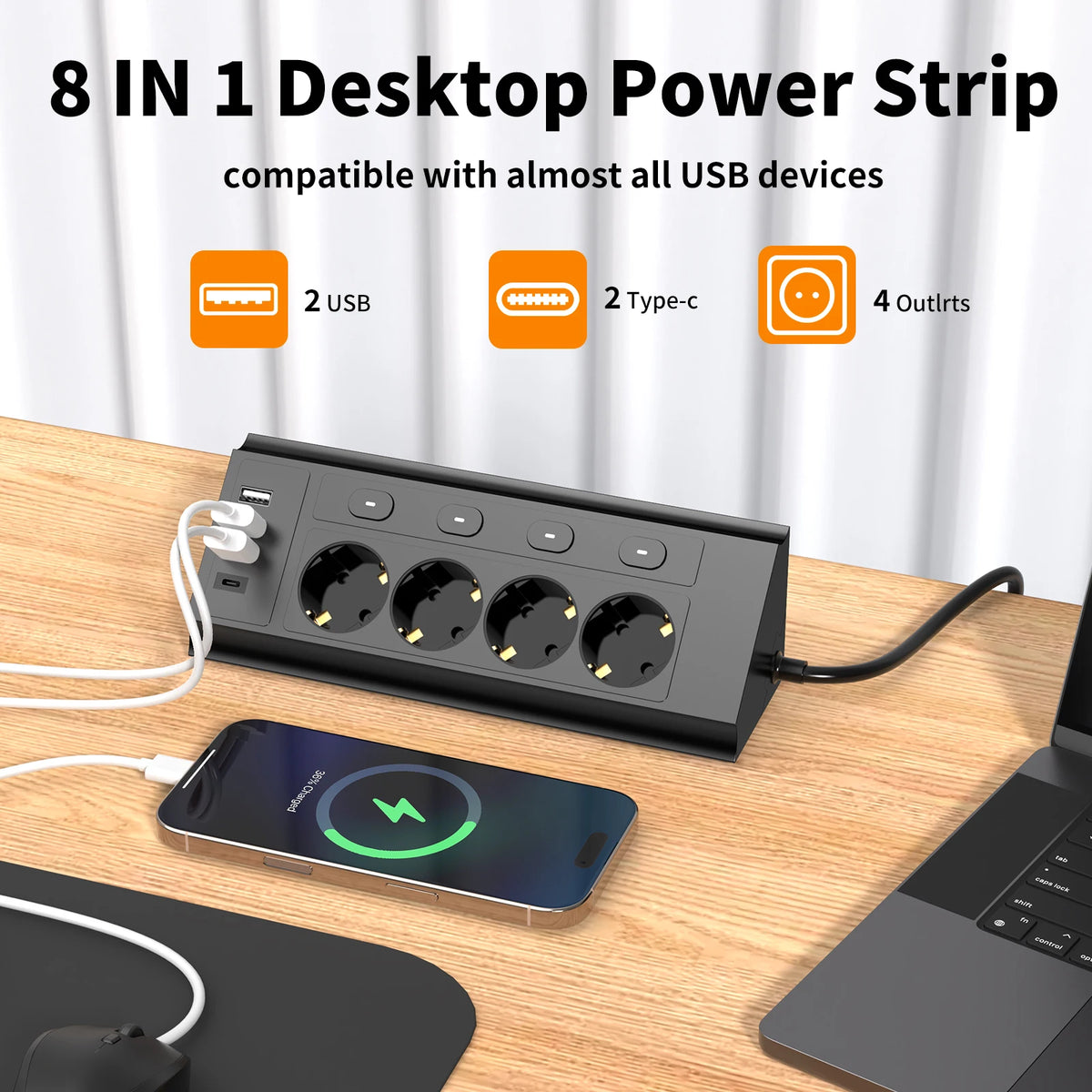 EU Desktop Corner Power Strip with Individual Switches & Extension Cord