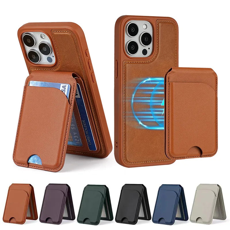 Magnetic Leather Wallet Card Holder with Adjustable Stand & RFID Blocking for MagSafe