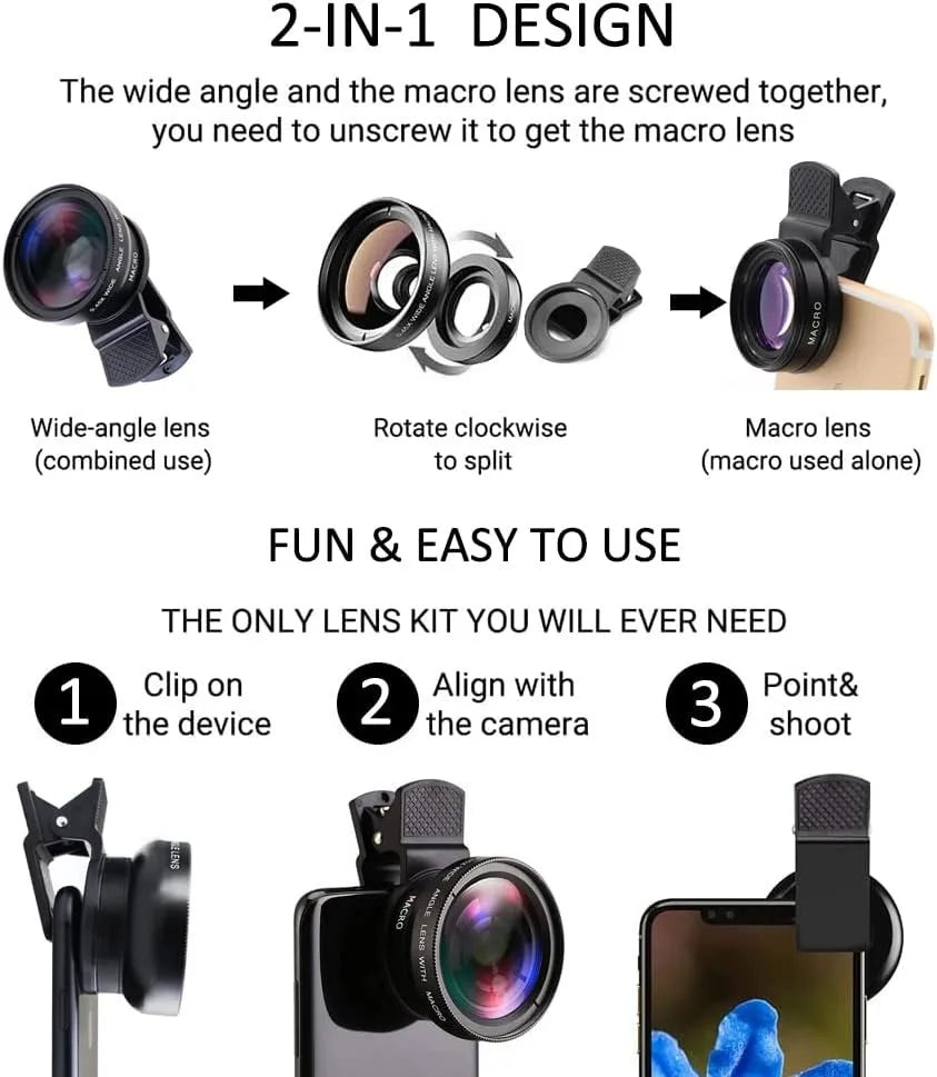 2-in-1 Professional Universal Phone Camera Lens – 0.45X Super Wide Angle & Macro HD
