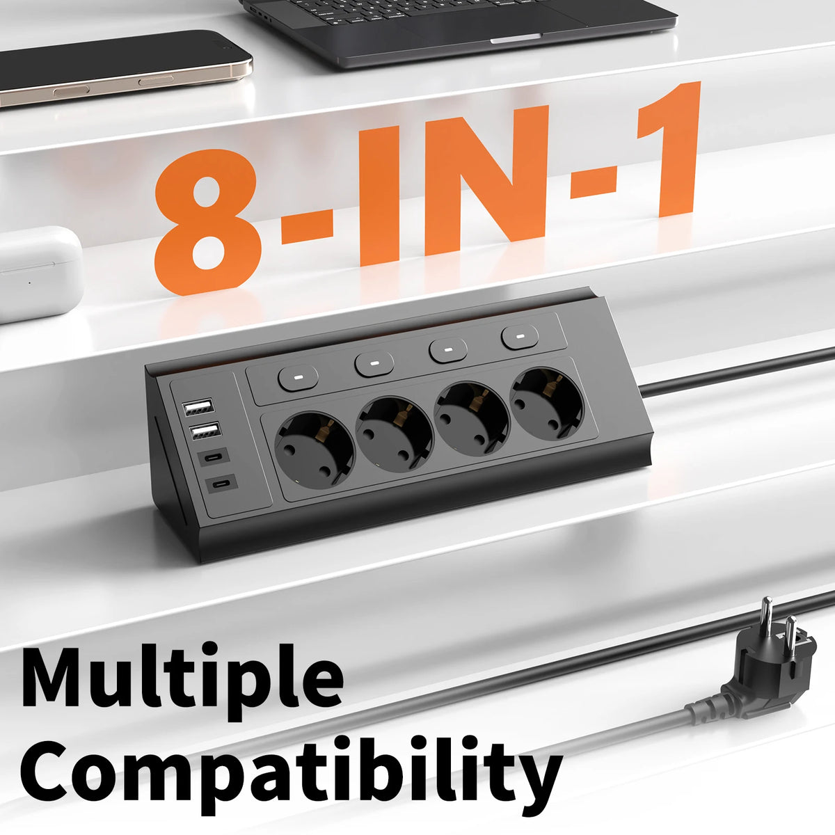 EU Desktop Corner Power Strip with Individual Switches & Extension Cord