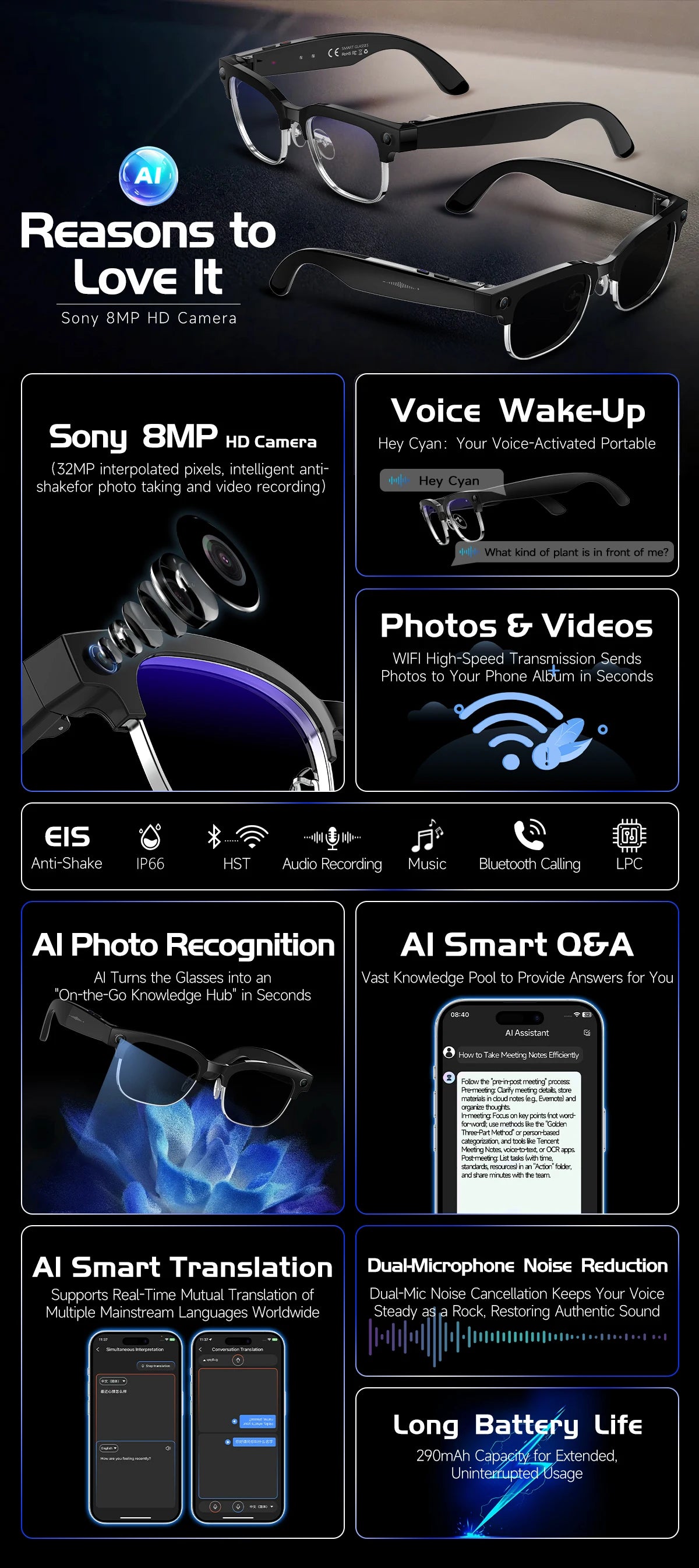 AI Smart Glasses with Video Recording & Bluetooth Audio