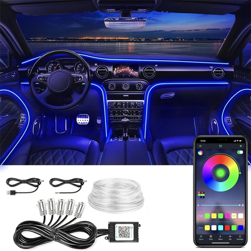 RGB Fiber Optic Car Interior Ambient Lighting Kit – App & Remote Control