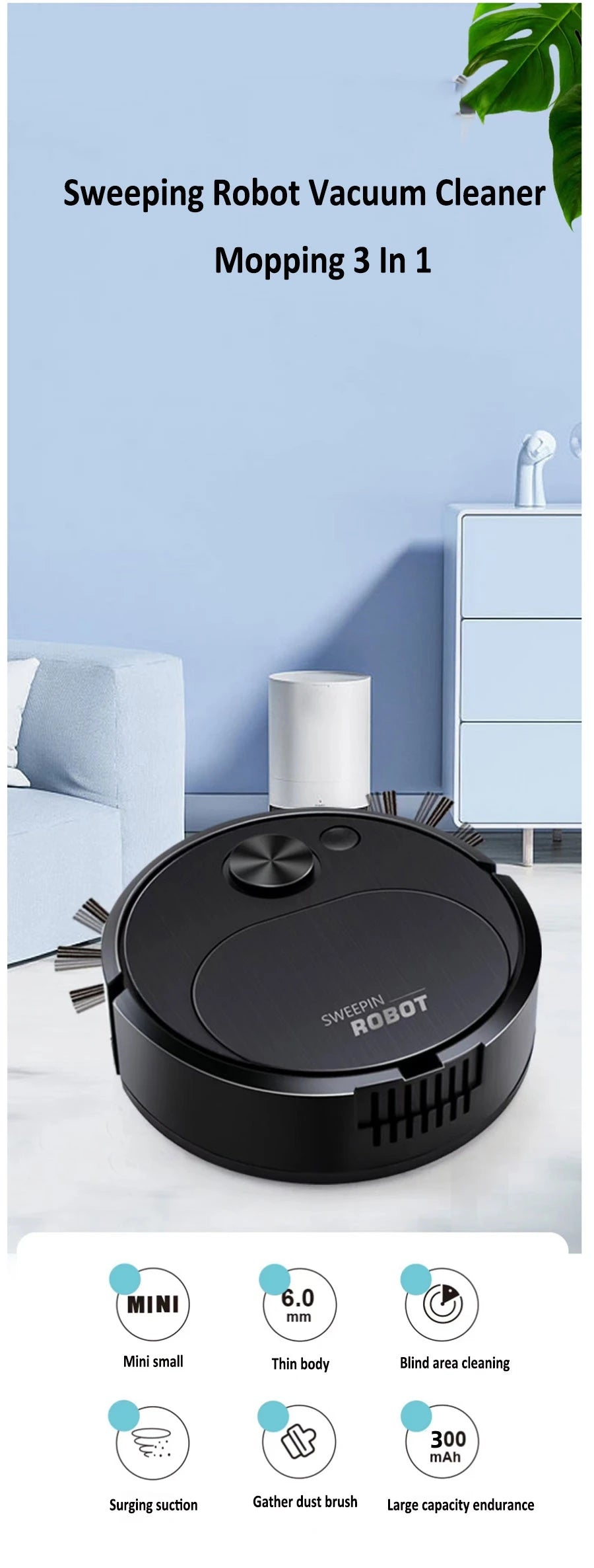 3-in-1 Smart Wireless Robot Vacuum Cleaner – 1800Pa Suction